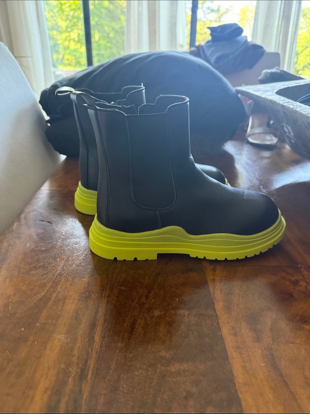 Kids Black Chelsea Boots with Neon Yellow Platform Sole